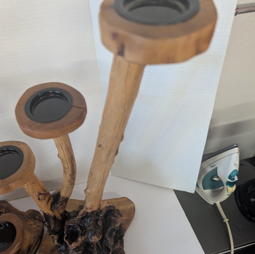 Vintage Candle Holder Wood Rustic Large Set Made Out of Burl-Wood - Picture 4 of 10
